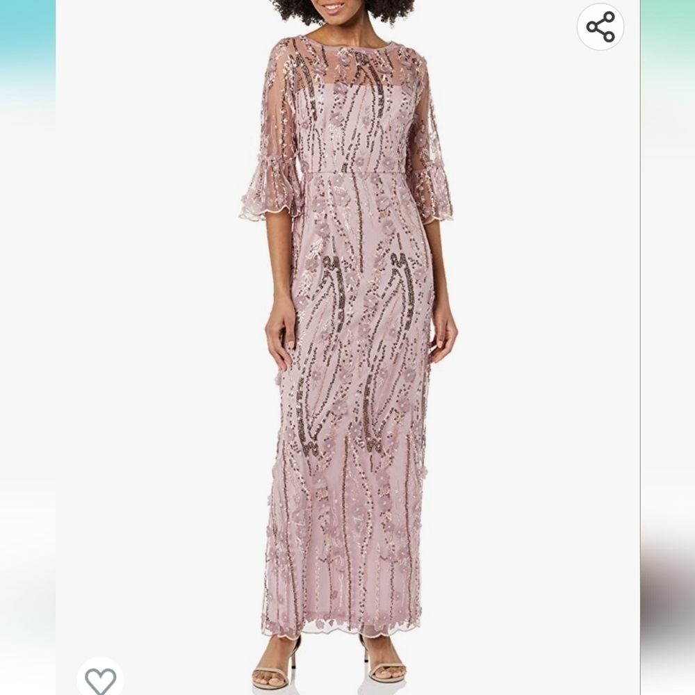 Adrianna Papell 3D Floral Beaded 3/4 Bell Sleeve Boat Neck Sheath Gown 12 Mauve